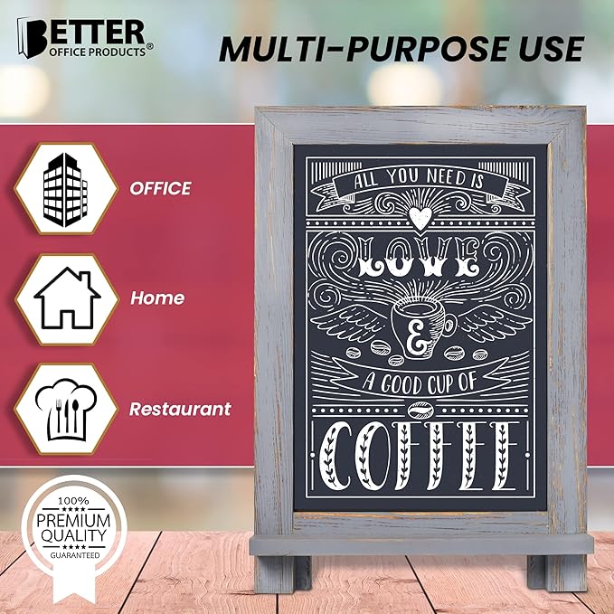 Better Office Products Framed Tabletop Chalkboard Sign, 9.5" x 14", Rustic Wood Frame, Small Magnetic Chalkboard with Built-in Ledge and Folding Stand, One White Chalk Marker Included,(Gray wash)