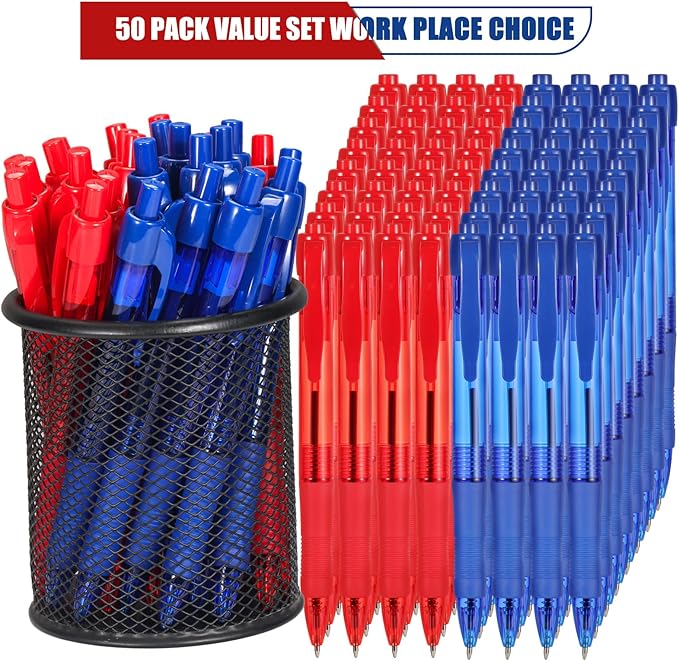 deegtran Pens Bulk, 50 Pack No Bleed Blue & Red Ink Click Pens with Soft Grip, Wholesale Retractable Ballpoint Pens for Office School, Medium Point Smooth 1.0MM