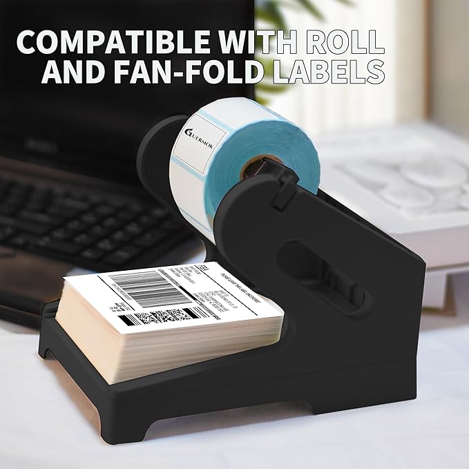 Guermok Thermal Shipping Label Holder for Rolls & Fan-Fold, Fragile Stickers for Shipping, Label Stand Desktop Printer Holder-Home Office Accessory-Sticker Dispenser for Holographic (Black)