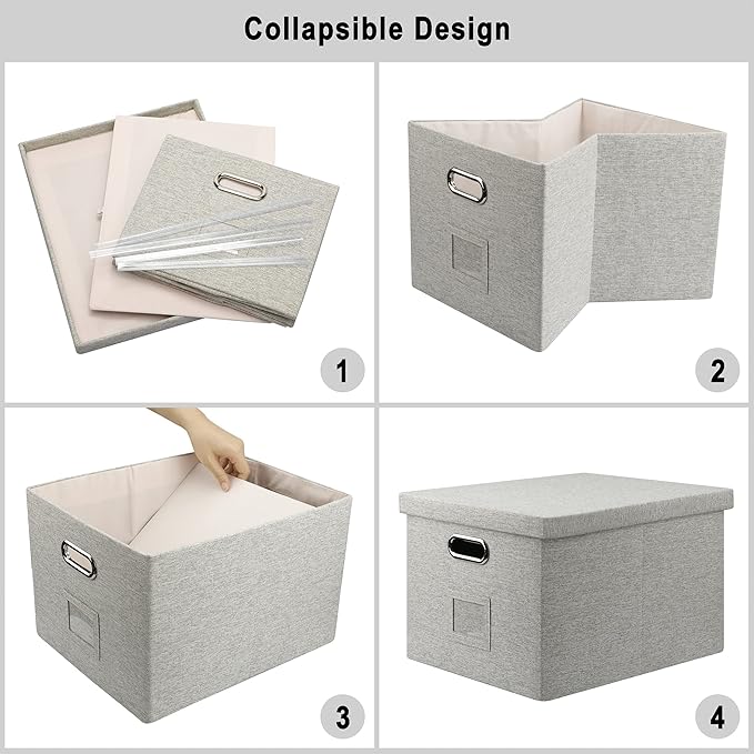 4-Pack Modern Minimalist Beige Collapsible Linen File Folder Box Office Document Storage Filing Bin with Lid for Letter Legal Size Hanging Folders