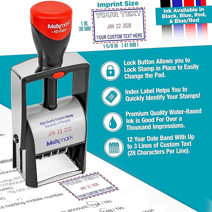 MaxMark Heavy Duty Self Inking Date Stamp with Phrase Completed - Black Ink