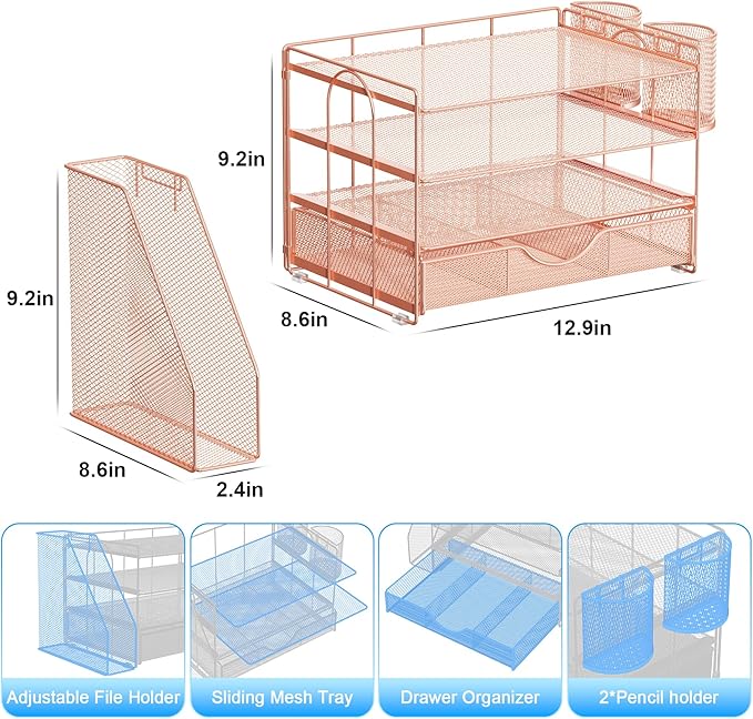 gianotter Desk Organizers and Accessories with File Holder, 4-Tier Desk Accessories & Workspace Organizers with Drawer and 2 Pen Holder, Paper Organizer for Office Supplies (Rose Gold)
