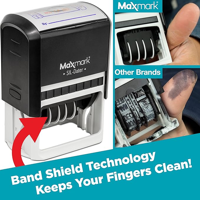 MaxMark Large Self-Inking Rubber Date Office Stamp with Faxed Phrase & Date - Red Ink, 12-Year Band - Style 3
