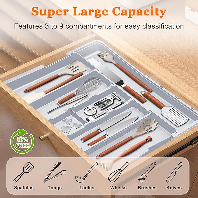 Spaclear Large Utensil Drawer Organizer Expandable Silverware Organizer for Kitchen Drawer Adjustable Cooking Utensil Holder Cutlery Flatware Tray Spatula Tools Gadgets Storage Dividers Plastic Grey