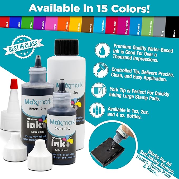 MaxMark Premium Refill Ink with Control Tip Bottle for Self-Inking Stamps, Red Color - 2 oz.
