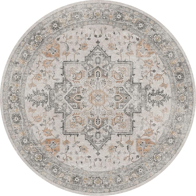 GENIMO 5FT Round Area Rugs for Living Room, Circle Rugs Machine Washable Low Pile, Chenille Non Slip Vintage Rug for Bedroom, Dining Room, Home Office, Light Taupe Brown