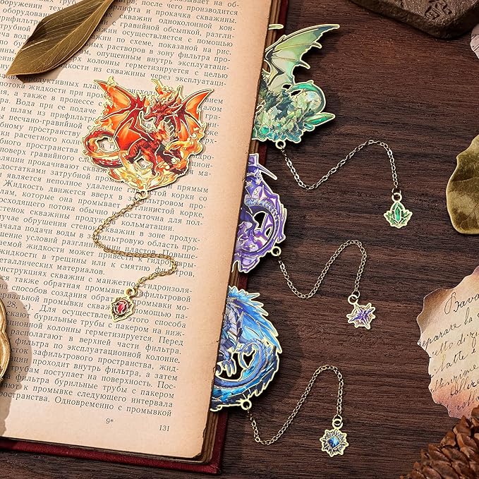 Fantasy Fourth Wings Dragon Bookmarks -4 Designs: Fire Red,Ice Blue,Thunder Purple,Forest Green-Unique Cool Metal Book Marks for Men Women, Inspirational Gift for Kid, Readers, Book Lovers, Collectors