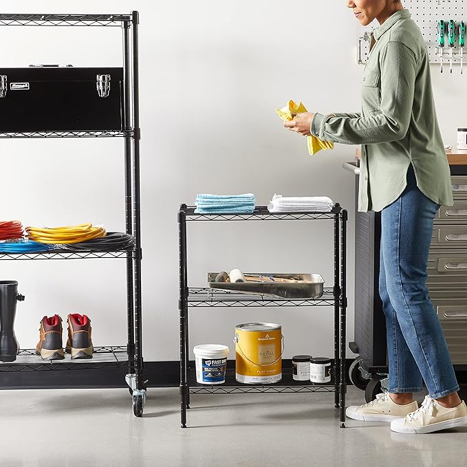 Amazon Basics 3-Shelf Adjustable Heavy Duty Steel Wire Rack Storage Shelving Organizer for Kitchen, Garage, 23.2" L x 13.4" W x 30" H, Black