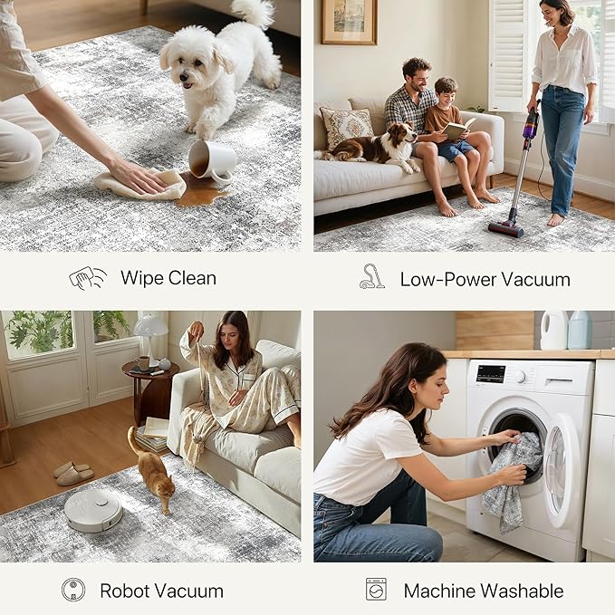 GENIMO Washable Area Rugs for Living Room, 8x10 Modern Non Slip Rugs, Low Pile Lightweight Soft Print Rug for Bedroom, Dining Room, Home Office, Grey