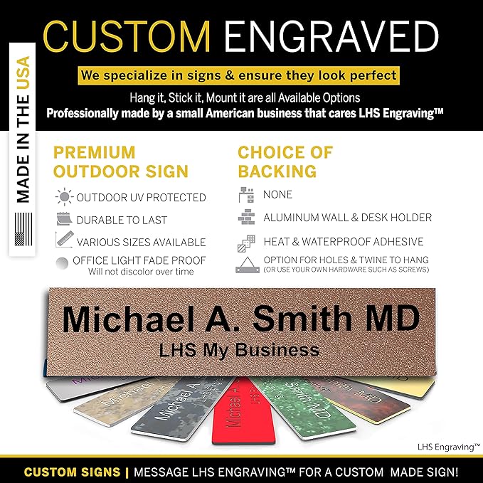 Engraved Name Plates for Door Sign Personalized Textured Copper Plastic Plaque with Black Letters - Made in USA 2x4 M2