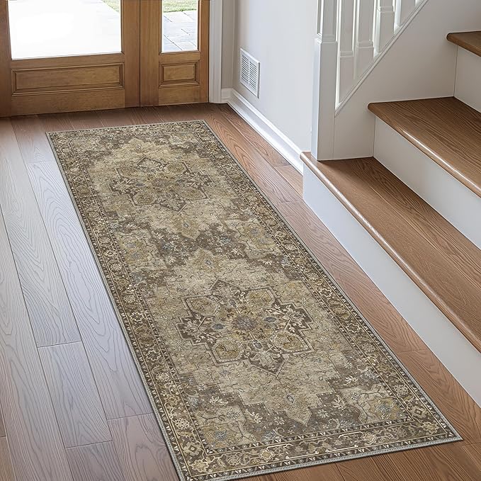 GENIMO 2x5 Runner Rugs for Hallway, Machine Washable Non Slip Vintage Retro Rugs, Low Pile Lightweight Soft Print Rug for enrtyway, Corridor, Home Office, Kitchen, Rustic Brown