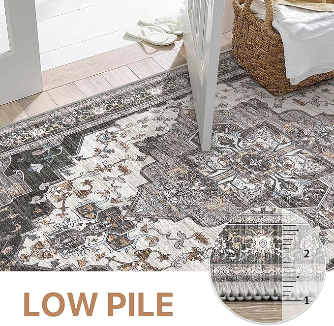 GENIMO 8x10 Area Rugs for Living Room, Machine Washable Non Slip Vintage Rugs, Low Pile Lightweight Chenille Print Rug for Bedroom, Dining Room, Home Office, Slate Gray