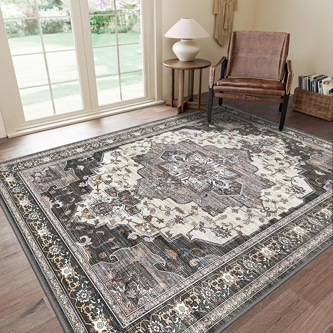 GENIMO 8x10 Area Rugs for Living Room, Machine Washable Non Slip Vintage Rugs, Low Pile Lightweight Chenille Print Rug for Bedroom, Dining Room, Home Office, Slate Gray