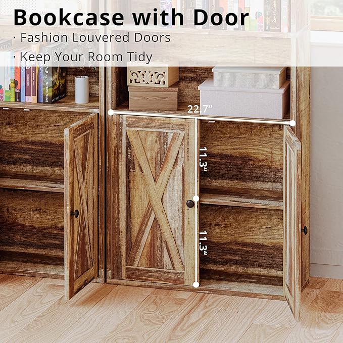 IRONCK Industrial Bookshelves and Bookcases with Doors Floor Standing 6 Shelf Display Storage Shelves 70 in Tall Bookcase for Home Office, Living Room