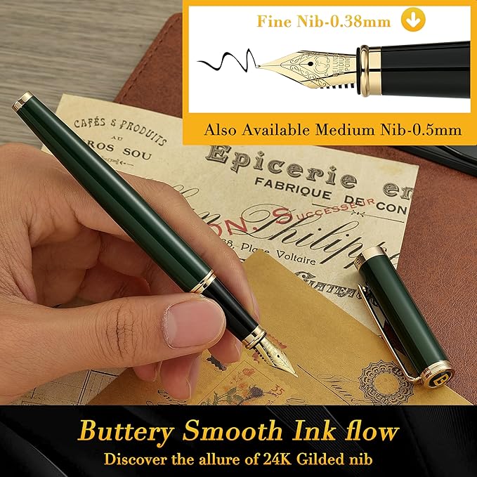 BEILUNER Racing Green Fountain Pen,Stunning Luxury Pens with 24K Gold Finish, Gorgeous 24K Gilded Nib(Fine), Trustworthy Gift for Men&Women -Ink Converter-Elegant, Graduation,Fancy Pen for Writing