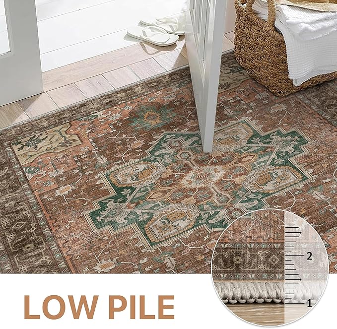 GENIMO 8x10 Area Rugs for Living Room, Machine Washable Non Slip Vintage Rugs, Low Pile Lightweight Chenille Print Rug for Bedroom, Dining Room, Home Office, Rosewood