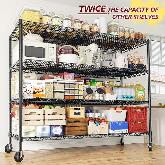 REIBII 55.5''W Heavy Duty Metal Shelves with Wheels - 4PCS Adjustable Garage Storage Rack, 75.6" H X 55.5''W X 24" D