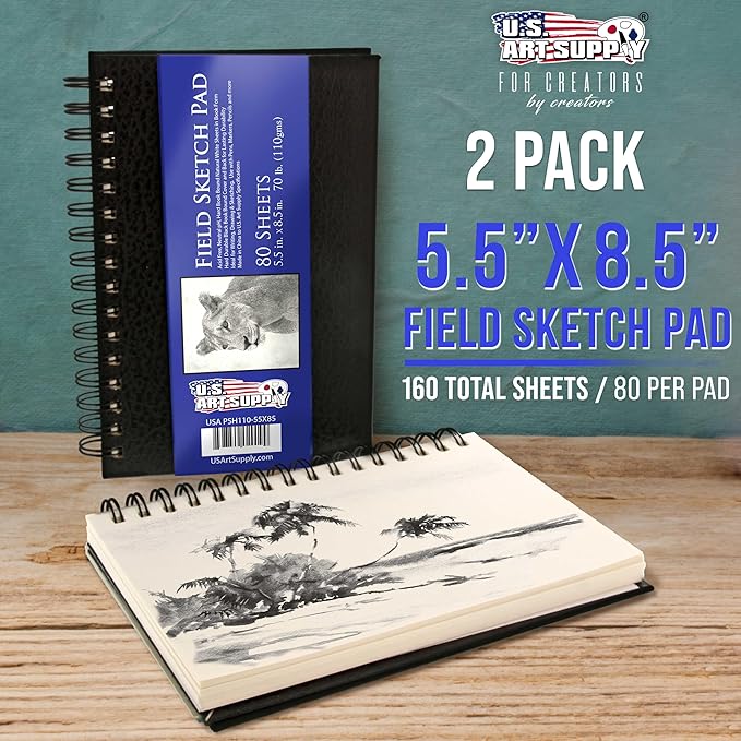 U.S. Art Supply 5.5" x 8.5" Premium Hardbound Sketch Book, 2 Pack, 80 Sheets Each, 70 lb (110gsm) - Hardcover Spiral Bound Artist Field, Small Sketch Pad, Acid-Free Drawing Pad - Adults, Students