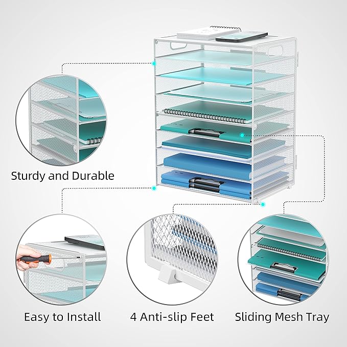 DALTACK 9-Tier Paper Letter Tray Desk Organizer with Handles, Mesh File Holder Organization, Paper Sorter Desk Organizer for Office Home School, White 2 Pack