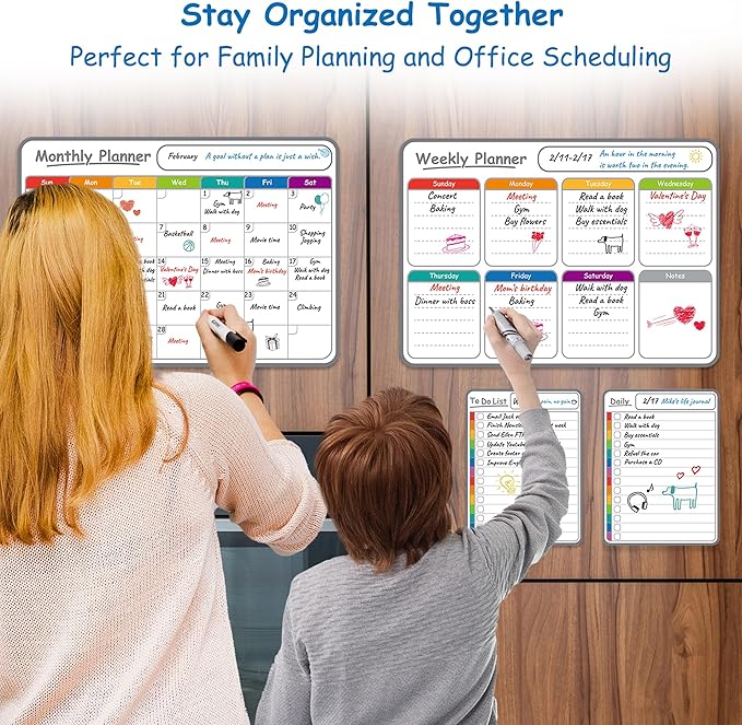 4-Pack Non-Magnetic Dry Erase Calendar Board Set – Monthly, Weekly, Daily, to-Do List Planner – Whiteboard for Stainless Steel Fridge, Wall, Glass, Door – Family, Office, Classroom Organizer